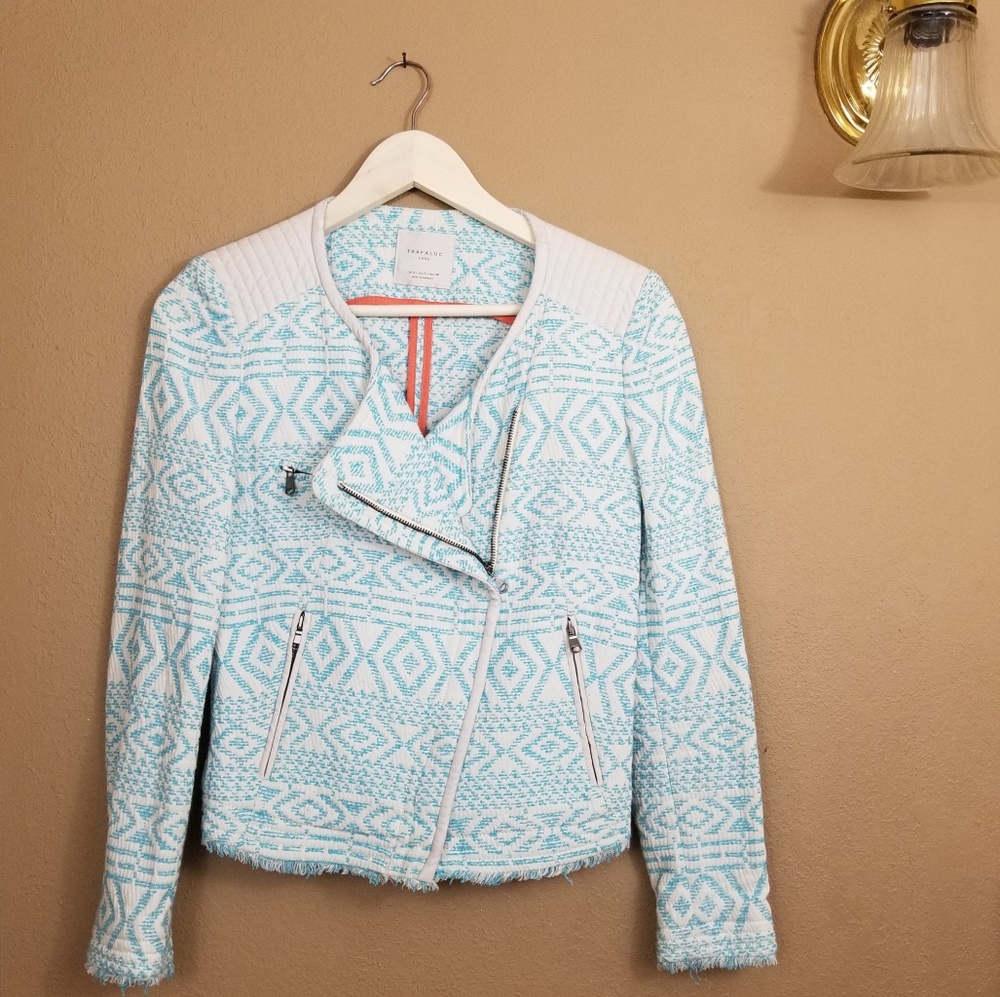 Zara || blue Aztec asymmetrical moto jacket
